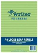 LOOSE LEAF REINFORCED REFILLS WRITER A4 7MM RULED PK500