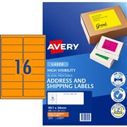 AVERY FLURO LASER LABELS L7162FO 16 LPSht 991x34mm Fluoro Orange PK400