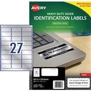 AVERY HEAVY DUTY LASER LABELS L6011  27 UP 635x30mm SILVER BOX20