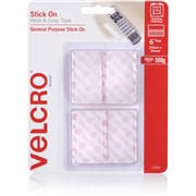 VELCRO BRAND HOOK  LOOP STICK ON 25MM X 50MM WHITE PACK OF 6